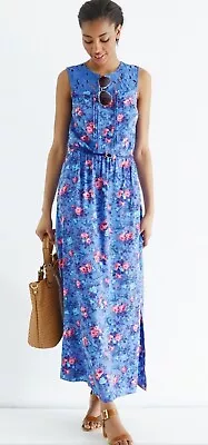 Oasis Blue Pink Floral Crochet Lace Slit Sides Maxi Dress 10 VGC No Belt RARE • £28.99