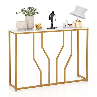 44  Gold Console Table W/Geometric Metal Frame Faux Marble Tabletop Modern White • $54.99