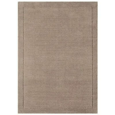 York Rug Taupe Plain 100% Wool Rug With Border Living Room Bedroom Soft Area Rug • £259.99