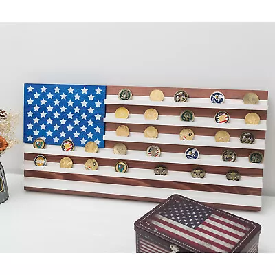 Vintage American Flag Solid Wood Wall Mounted Challenge Coin Display Holder Rack • $74.99