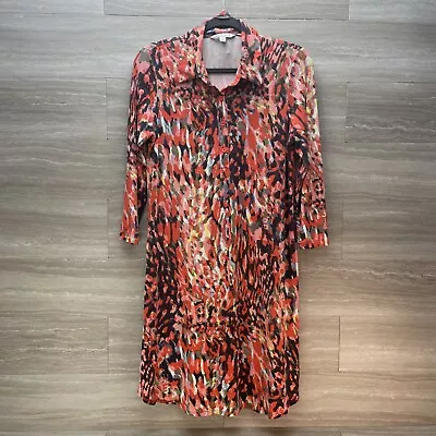 Cabi Women's Orange Multicolor Button Belted Long Sleeve Collared Dress Size M • $24.99