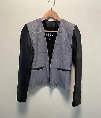 Veda Womens Jacket Size PXS Black Plaid Leather Trim Burnout Sleeve Biker Grunge • $99.88