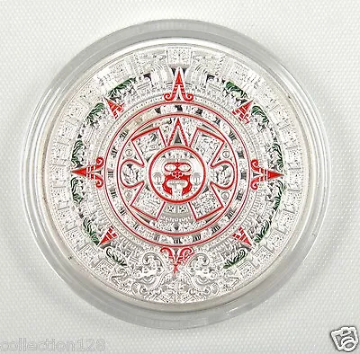 Mayan Aztec Calendar Stone Medallion SILVER-PLATED Colored Clear Plastic Case • $8