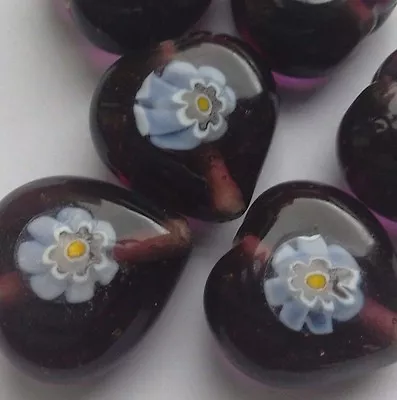 12 Handmade Glass Lampwork Beads Purple Millefiori Floral Heart Jewellery/Craft • £15.25