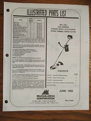 Used Mcculloch 28/32cc Straight Shaft String Trimmer/brush  Parts List June 1992 • $8.65