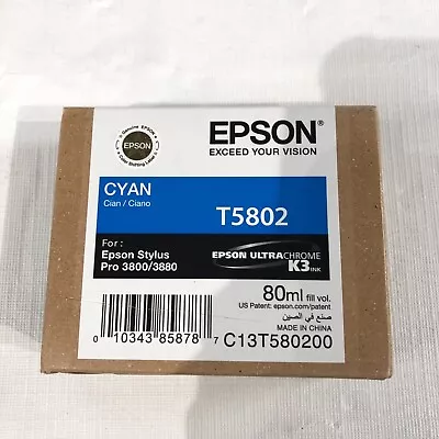 Genuine Epson Pro 3800/3880 Cyan K3 Ink T5802 New Expired • $32.99