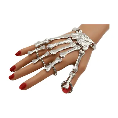 Women Silver Metal Hand Chain Bracelet 5 Long Finger Skeleton Ring Fun Halloween • $17.95