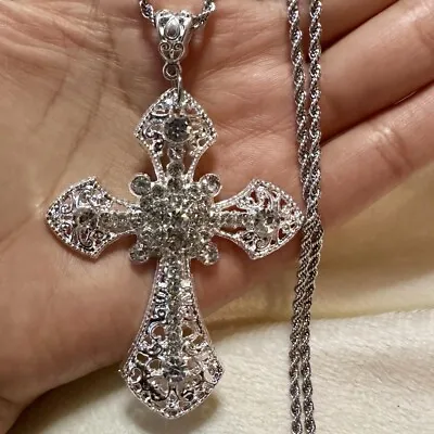 Zirconia Gemstones Rhinestone Gothic Victorian Large Cross  Necklace Silver New • $19.98