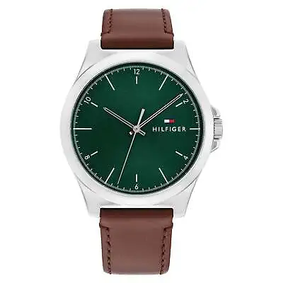 Tommy Hilfiger Brown Leather Green Dial Men's Watch - 1710602 • $135