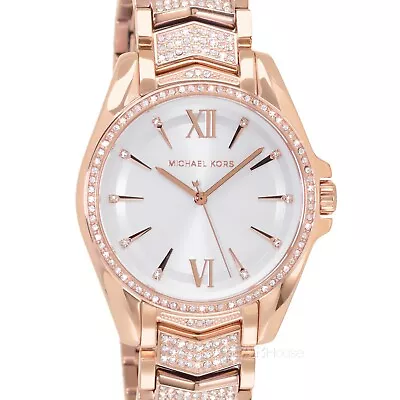 Michael Kors Whitney Womens Rose Gold Glitz Watch White Dial Pave Crystals Band • $126.38