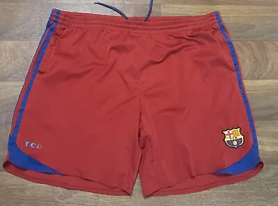 BARCELONA AWAY FOOTBALL SOCCER SHORTS RED BLUE RAISED LOGO DRAWSTRINGS Sz XL • $18.95