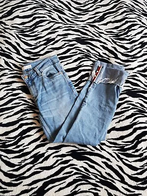 £11.99 • Buy Zara Denim Jeans Light Blue Wash Pearl Detail Red Stripe Cuff Raw Hem Size 10