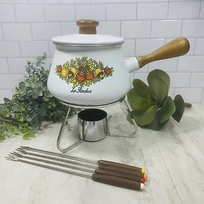 Vintage Spice Of Life ImperialWare La Fondue Pot Wood Handle White Veggie Enamel • $34.99