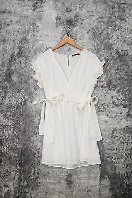 $19.99 • Buy Zara White Tie Waist Flounced Ruffle Detail Mini Dress Size M Medium