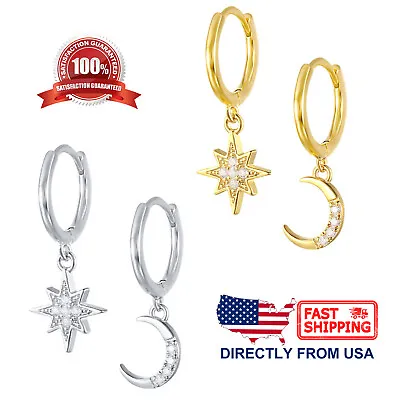 $16.54 • Buy Sterling Silver Star And Moon 10mm Huggie Hoop Drop Earrings For Women & Girl