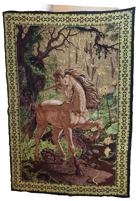 Unicorn In The Woods With Snake Wall Tapestry Vintage 1970s Made In Turkey READ • $32.99