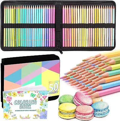 50 Pastel Colouring Pencils Set Macaron Coloured Pencils For Adult Zipper Case • £14.03