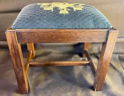 Old Vintage Small Wooden Wood Footstool Bench English Crest Upholstered Top • $58.50