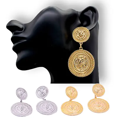 Gold Silver Earrings Statement Chunky Round Circle Coin Lion Drop Dangle Style • £4.99