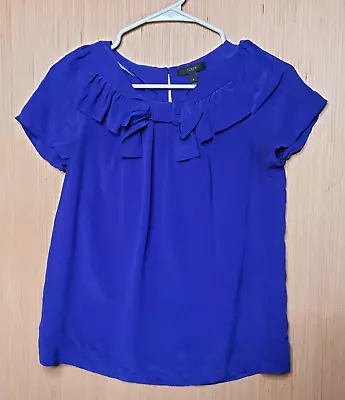 J Crew Silk Top Womens 4 Blue Short Sleeve Bow Neckline Career Work Party Blouse • $1