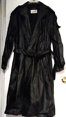 Aggio Genuine Leather Mens Belted Pocketed Trench Coat Black Sz XL Epaulettes • $129