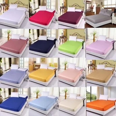 Bed Sheets Egyptian Cotton Solid Fitted Sheet High Mattress Cover Elastic Band • $45.99