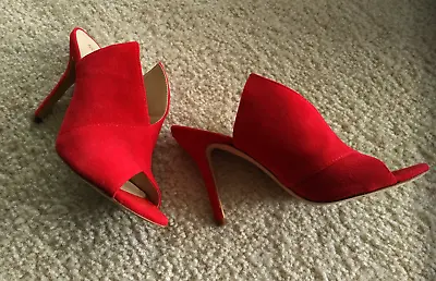 Trina Turk Laguna RED Peeptoe Mules Slides Heels Sandals Shoe Suede Leather 37.5 • $69