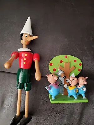 Wooden Jointed Pinocchio 10” Toy Doll Figurine And 3 Little Pigs Figurine Lot  • $16.99