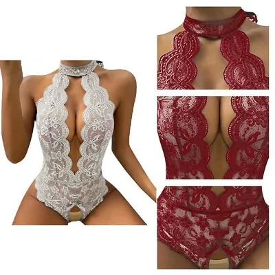 Lace Lingerie Sexy Valentines Underwear Bodysuit Collar Choker Crotchless - GDS • £5.49
