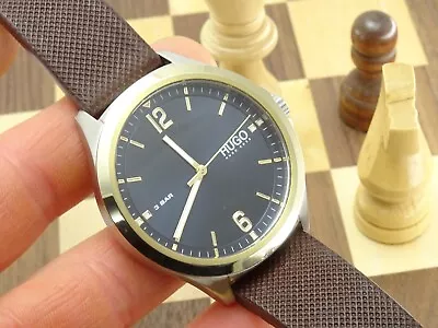 HUGO BOSS Men's 42mm Black Dial Gold Highlights Leather Designer Wristwatch • £4.99