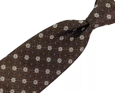 CANALI Silk Tie Brown Floral Flower Silver Made In Italy • $39.99
