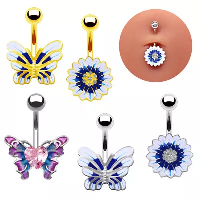 Fashion Heart Zircon Butterfly Flower Belly Button Ring Simple Dangle Navel Nail • $3.54
