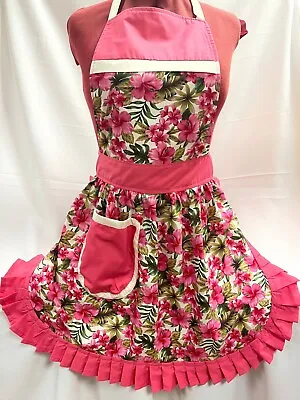 £25.99 • Buy RETRO VINTAGE 50s STYLE FULL APRON / PINNY - PINK FLOWERS On CREAM With PINK
