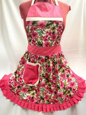 £25.99 • Buy RETRO VINTAGE 50s STYLE FULL APRON / PINNY - PINK FLOWERS On CREAM With PINK