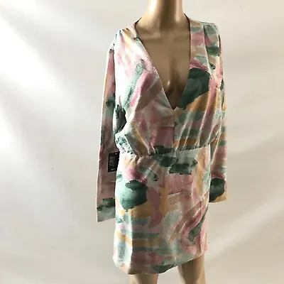 Bebe Size L Cocktail Printed Blouson Mini Dress Lurex Abstract Art Pastel Colors • $9.09