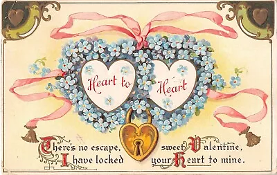 Heart-Shaped Lock Hangs From Hearts Made Of Forget-Me-Nots-Old Valentine PC • $2.99