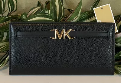 Michael Kors Reed Large Snap Wallet Flap Card Clutch Mk Black Leather Gold $298 • $75.99