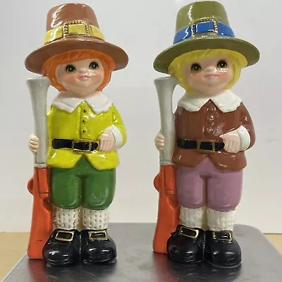 VINTAGE Napcoware Thanksgiving Pilgrim BOY Figurines #8228 Napco One Pair • $19.99