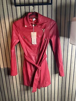 Red Oh Polly Faux Leather Belted 3/4 Biker Jacket New With Tags Size 6 • £10