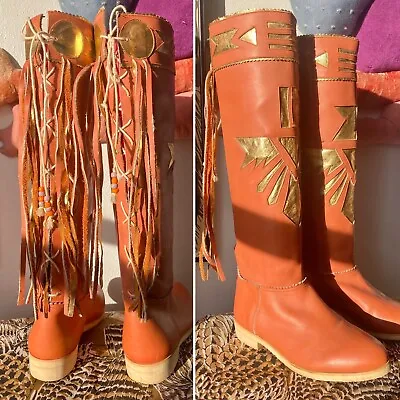 Vintage Tall FRINGE BOOTS Metallic Gold Lace Up Back Terracotta 1970s 1980s 36 6 • $80.93