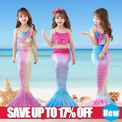 Girls Mermaid Tail Swimming Costume Swimmable Bikini Set Summer Swimsuit • £14.90