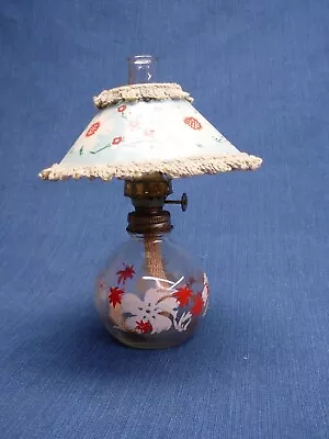 Vtg Mini Oil Lamp Painted Floral Base Clear Chimney Paper Shade Cherry Blossom • $19.99