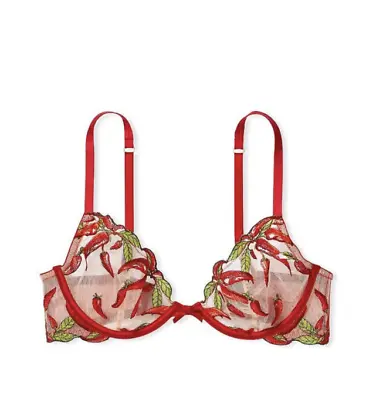 Victoria's Secret  Unlined Chili Pepper Embroidery Demi Bra Red • $29.99