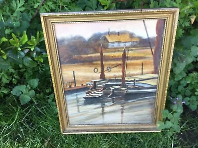 Vintage Original Framed Oil Painting Not Signed Sailing Boats Yacht Barge River • £34.99