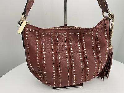 Michael Kors Brooklyn Grommet Brown Leather Studs Tassel Hobo Shoulder Handbag • $29.99