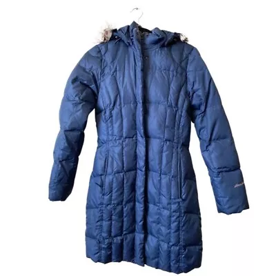 Eddie Bauer Womens 650 FP Faux Fur Lodge Down Parka Coat Jacket Blue Size XS • $89