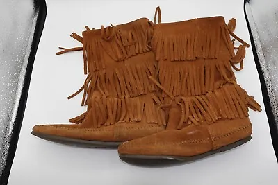 Women's Minnetonka Moccasins 3 Layer Fringe Mid Calf Boots  Brown Suede Size 7 • £22.16