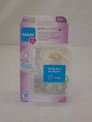 2 Pacifiers + Sterilizer Box 0-6 Months MAM Perfect Night Glows In The Dark New • $5.05