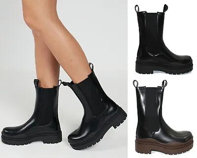 £24.99 • Buy Womens Mid Calf Chelsea Boots Ladies Pull On Elastic Chunky Platform Sole Shoes