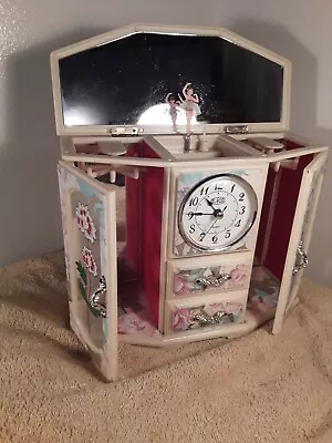 Ballerina Floral  Large Music Box W/3 Draws & 2 Side Doors+Decorative  Clock • $59